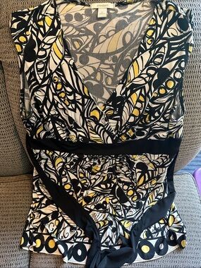 dressbarn Black White and Yellow Abstract Sleeveless Wrap Top